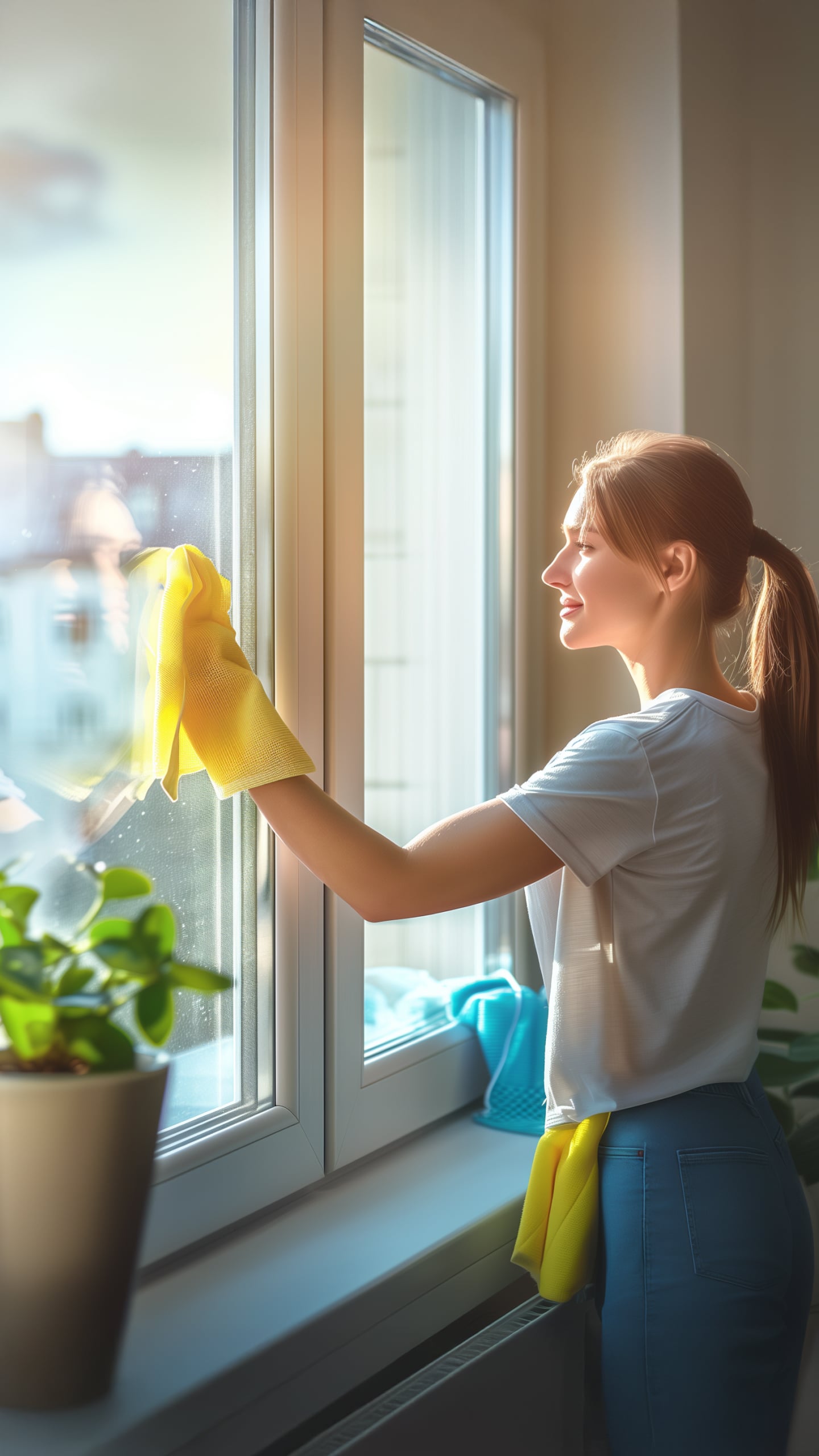 A woman cleaning a window with a yellow cloth while wearing yellow rubber gloves, standing beside a potted plant in a well-lit indoor environment.